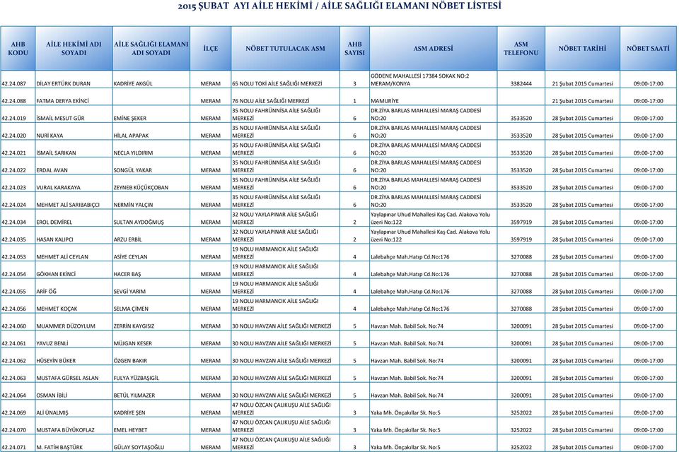 24.022 ERDAL AVAN SONGÜL YAKAR MERAM 42.24.023 VURAL KARAKAYA ZEYNEB KÜÇÜKÇOBAN MERAM 42.24.024 MEHMET ALİ SARIBABIÇCI NERMİN YALÇIN MERAM 42.24.034 EROL DEMİREL SULTAN AYDOĞMUŞ MERAM 42.24.035 HASAN KALIPCI ARZU ERBİL MERAM 42.