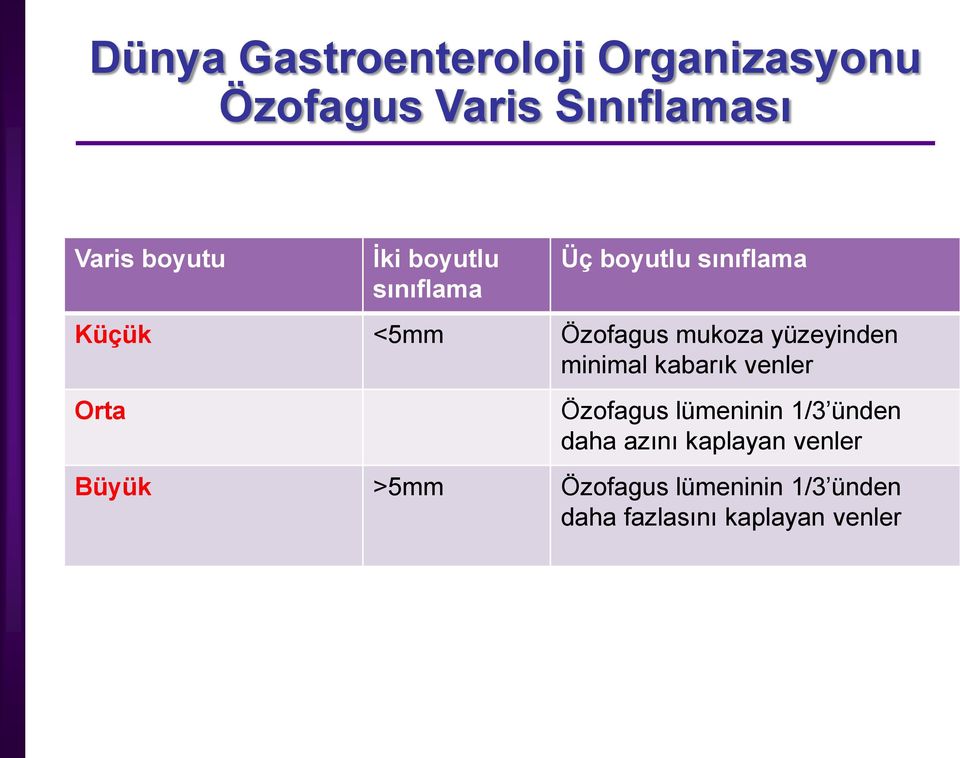 yüzeyinden minimal kabarık venler Orta Özofagus lümeninin 1/3 ünden daha