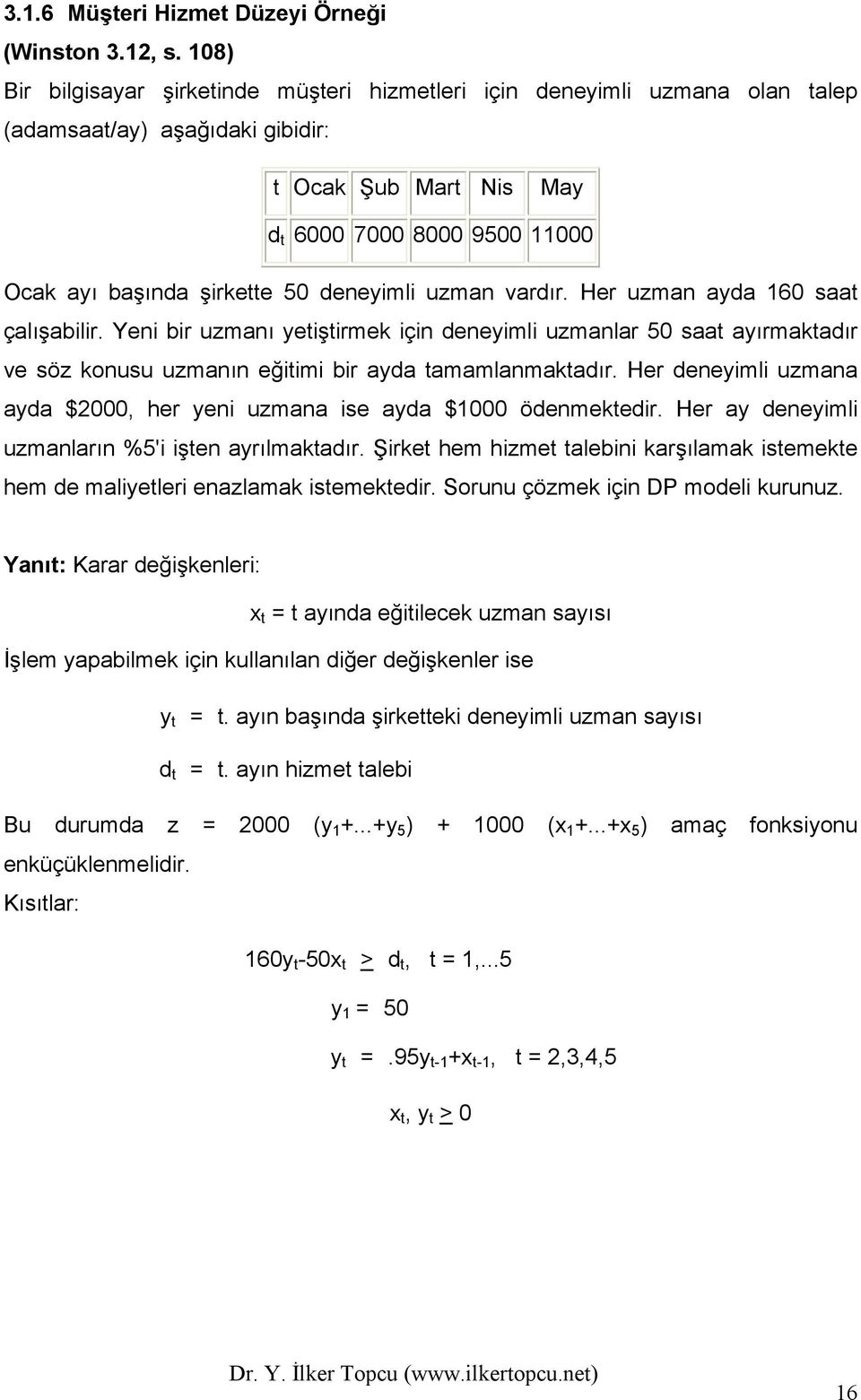 deneyimli uzman vardır. Her uzman ayda 160 saat çalışabilir. Yeni bir uzmanı yetiştirmek için deneyimli uzmanlar 50 saat ayırmaktadır ve söz konusu uzmanın eğitimi bir ayda tamamlanmaktadır.