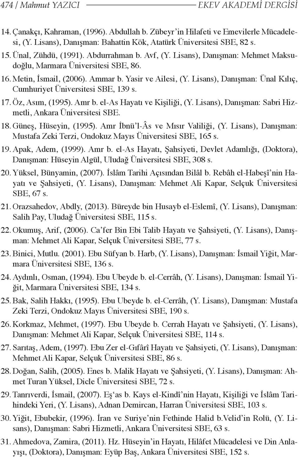 Lisans), Danışman: Ünal Kılıç, Cumhuriyet Üniversitesi SBE, 139 s. 17. Öz, Asım, (1995). Amr b. el-as Hayatı ve Kişiliği, (Y. Lisans), Danışman: Sabri Hizmetli, Ankara Üniversitesi SBE. 18.