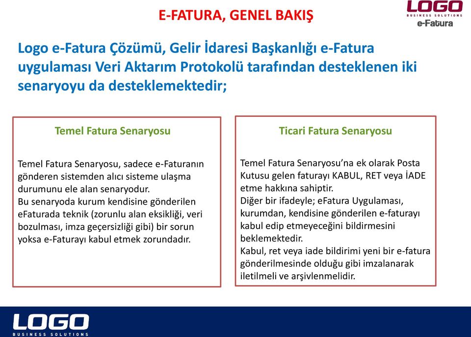 Bu senaryoda kurum kendisine gönderilen efaturada teknik (zorunlu alan eksikliği, veri bozulması, imza geçersizliği gibi) bir sorun yoksa e-faturayı kabul etmek zorundadır.