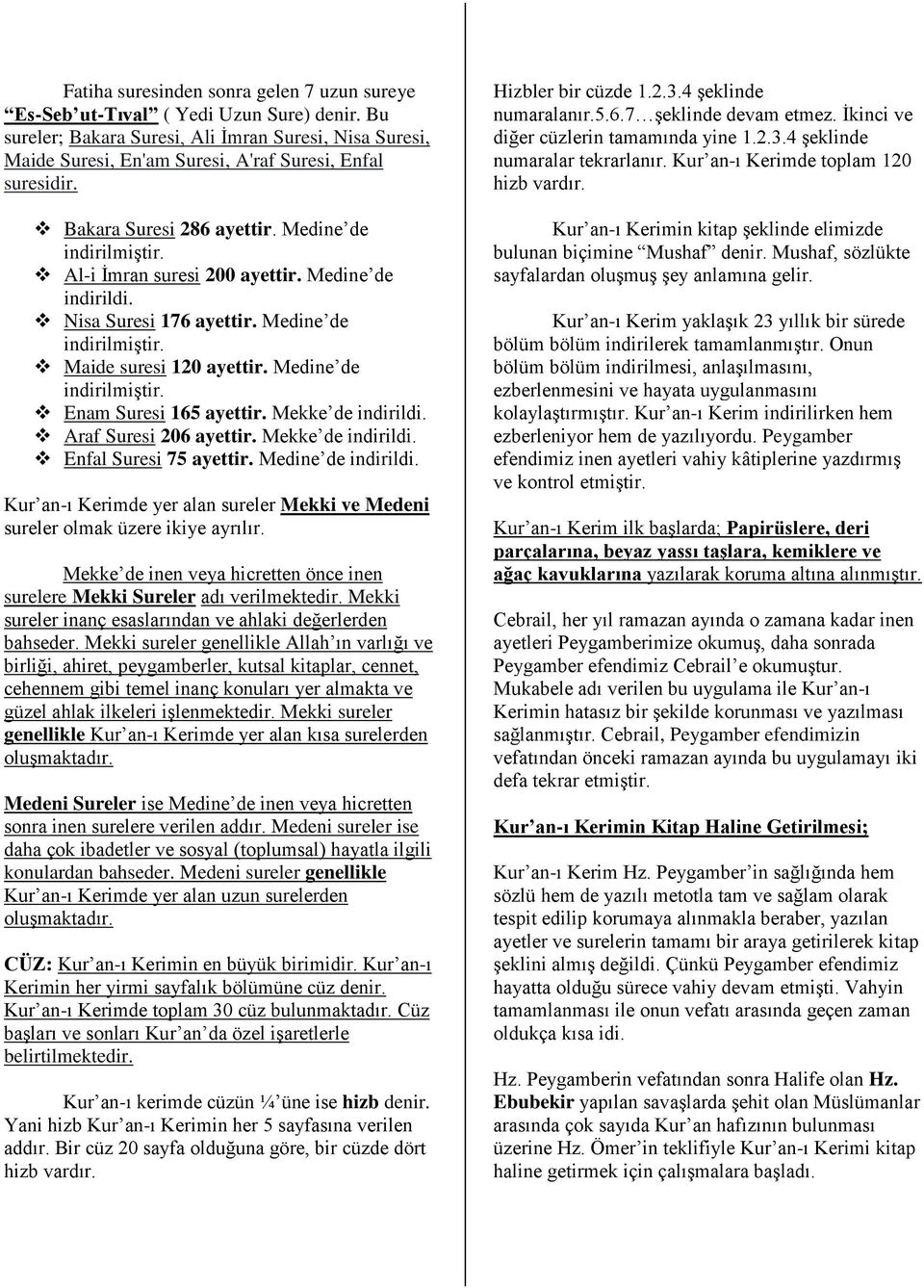 Medine de indirildi. Nisa Suresi 176 ayettir. Medine de indirilmiştir. Maide suresi 120 ayettir. Medine de indirilmiştir. Enam Suresi 165 ayettir. Mekke de indirildi. Araf Suresi 206 ayettir.