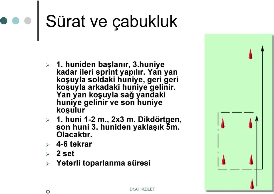 Yan yan koşuyla sağ yandaki huniye gelinir ve son huniye koşulur 1. huni 1-2 m.