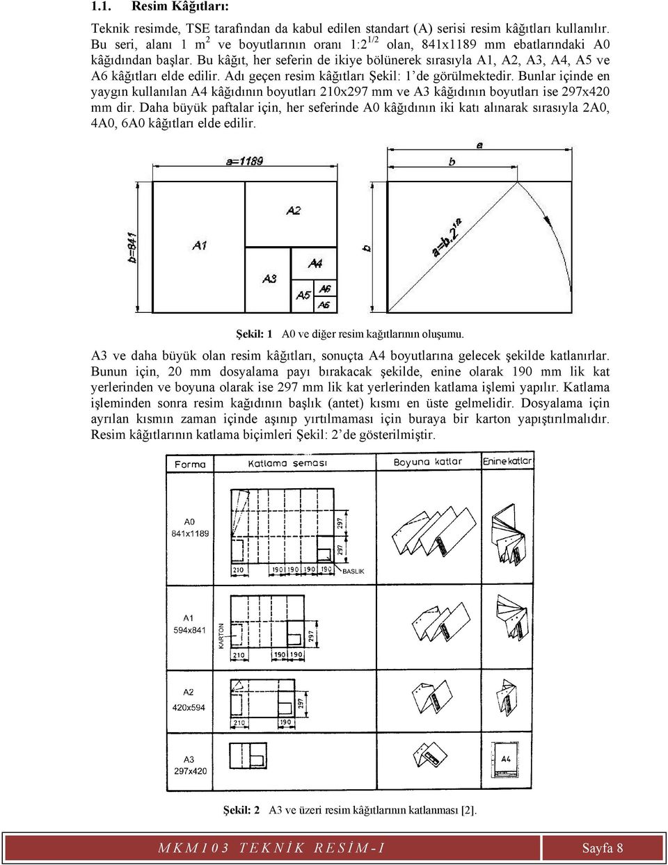 Bu kâğıt, her seferin de ikiye bölünerek sırasıyla A1, A2, A3, A4, A5 ve A6 kâğıtları elde edilir. Adı geçen resim kâğıtlarıı Şekil: 1 de görülmektedir.