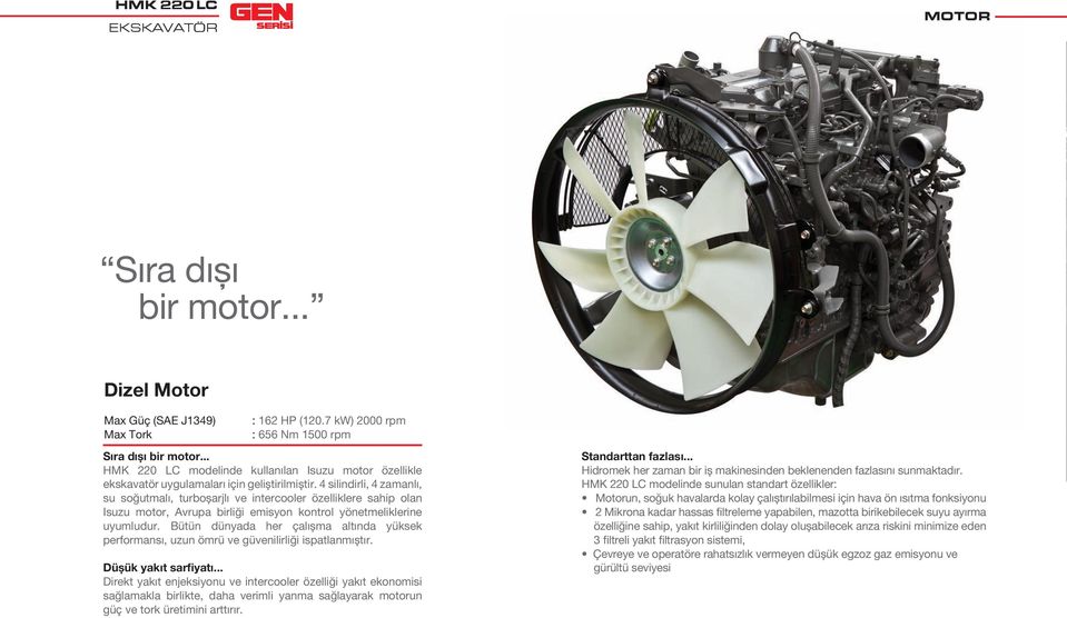 4 silindirli, 4 zamanlı, su soğutmalı, turboșarjlı ve intercooler özelliklere sahip olan Isuzu motor, Avrupa birliği emisyon kontrol yönetmeliklerine uyumludur.