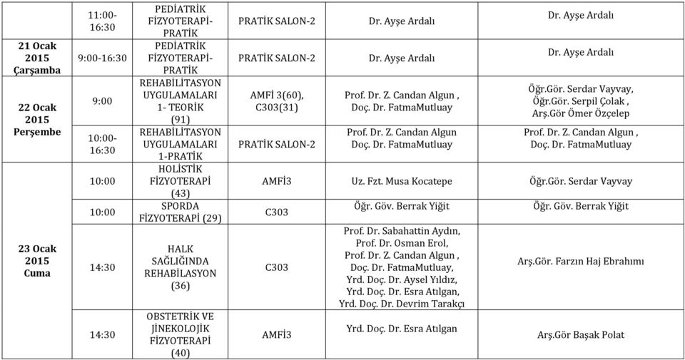 Dr. Z. Candan Algun Doç. Dr. FatmaMutluay Doç. Dr. FatmaMutluay AMFİ3 Uz. Fzt. Musa Kocatepe Öğr.Gör. Serdar Vayvay C303 C303 AMFİ3 Prof.