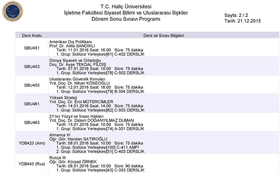 Grup: Sütlüce Yerleşkesi[78] C-502 DERSLİK Uluslararası Güvenlik Konuları Yrd. Doç. Dr. Nihan KÖSEOĞLU Tarih: 12.01.2016 Saat: 16:00 Süre: 75 dakika Yüksek Strateji Yrd. Doç. Dr. Erol MÜTERCİMLER Tarih: 14.