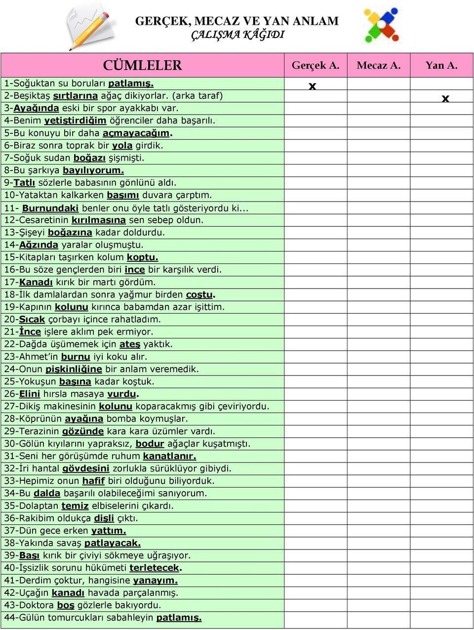 9-Tatlı sözlerle babasının gönlünü aldı. 10-Yataktan kalkarken başımı duvara çarptım. 11- Burnundaki benler onu öyle tatlı gösteriyordu ki... 12-Cesaretinin kırılmasına sen sebep oldun.