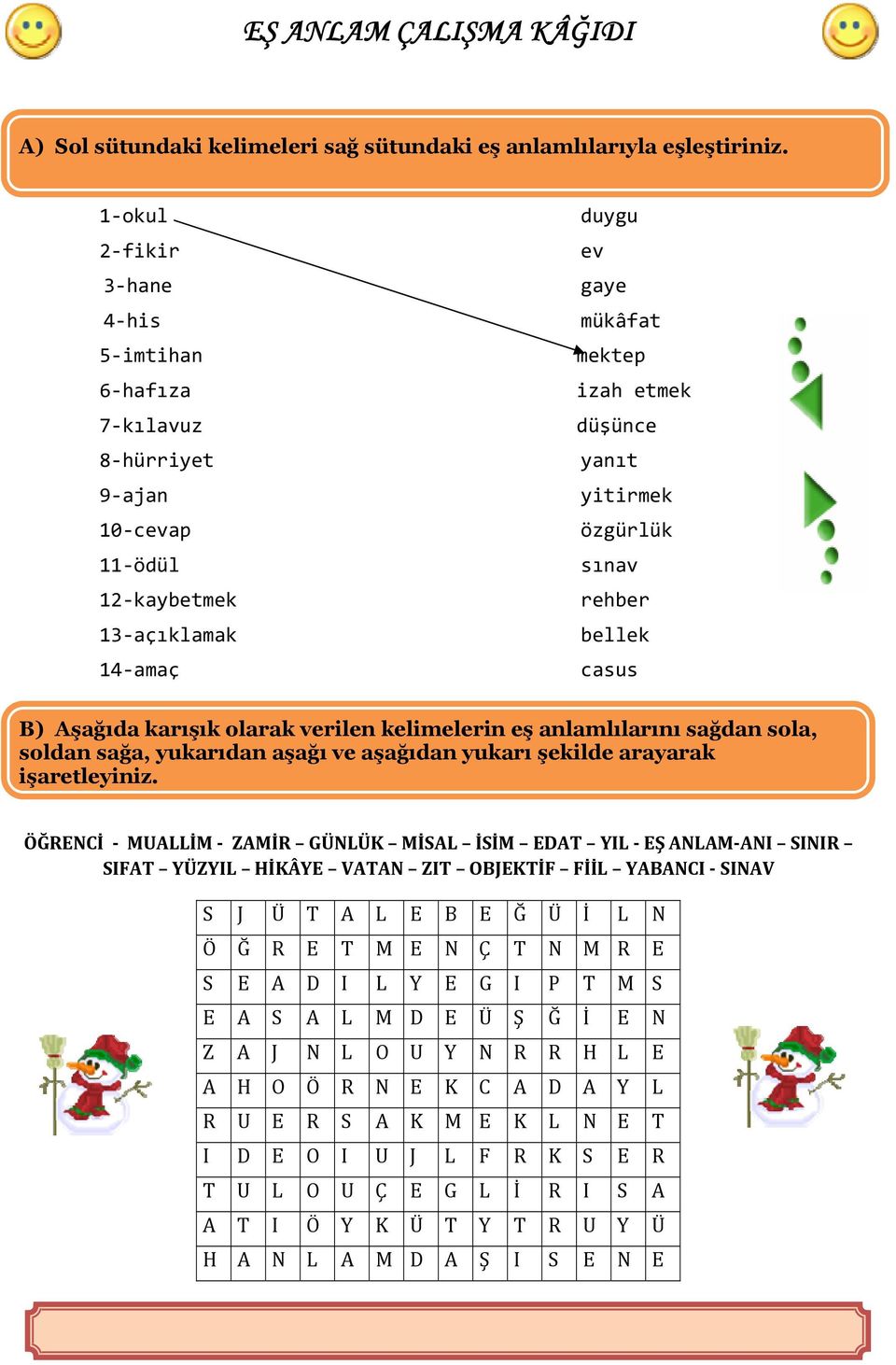 sınav rehber bellek casus B) Aşağıda karışık olarak verilen kelimelerin eş anlamlılarını sağdan sola, soldan sağa, yukarıdan aşağı ve aşağıdan yukarı şekilde arayarak işaretleyiniz.