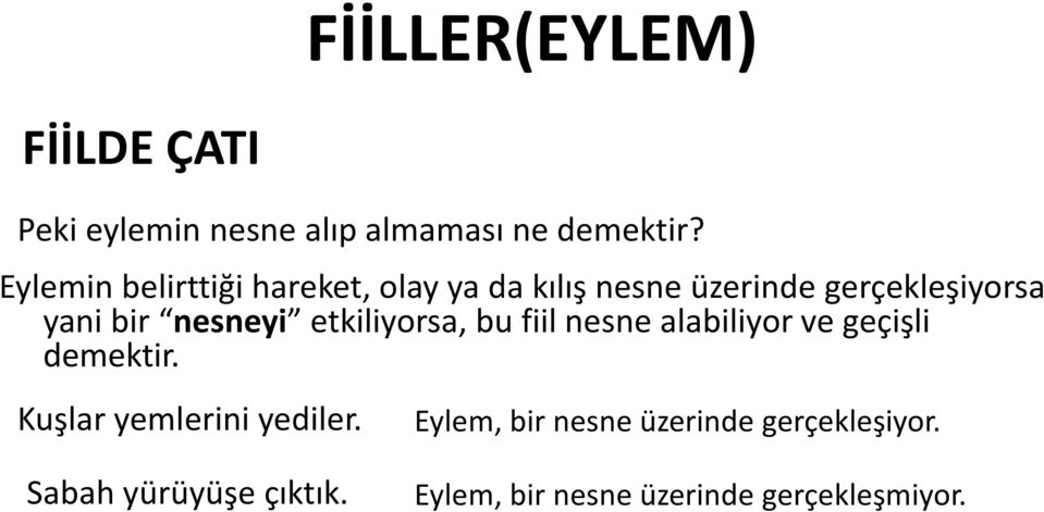 nesneyi etkiliyorsa, bu fiil nesne alabiliyor ve geçişli demektir.