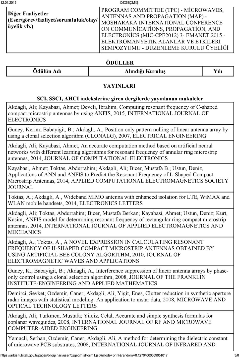 ALANLAR VE ETKİLERİ SEMPOZYUMU DÜZENLEME KURULU ÜYELİĞİ ÖDÜLLER Ödülün Adı Alındığı Kuruluş Yılı YAYINLARI SCI, SSCI, AHCI indekslerine giren dergilerde yayınlanan makaleler Akdagli, Ali; Kayabasi,