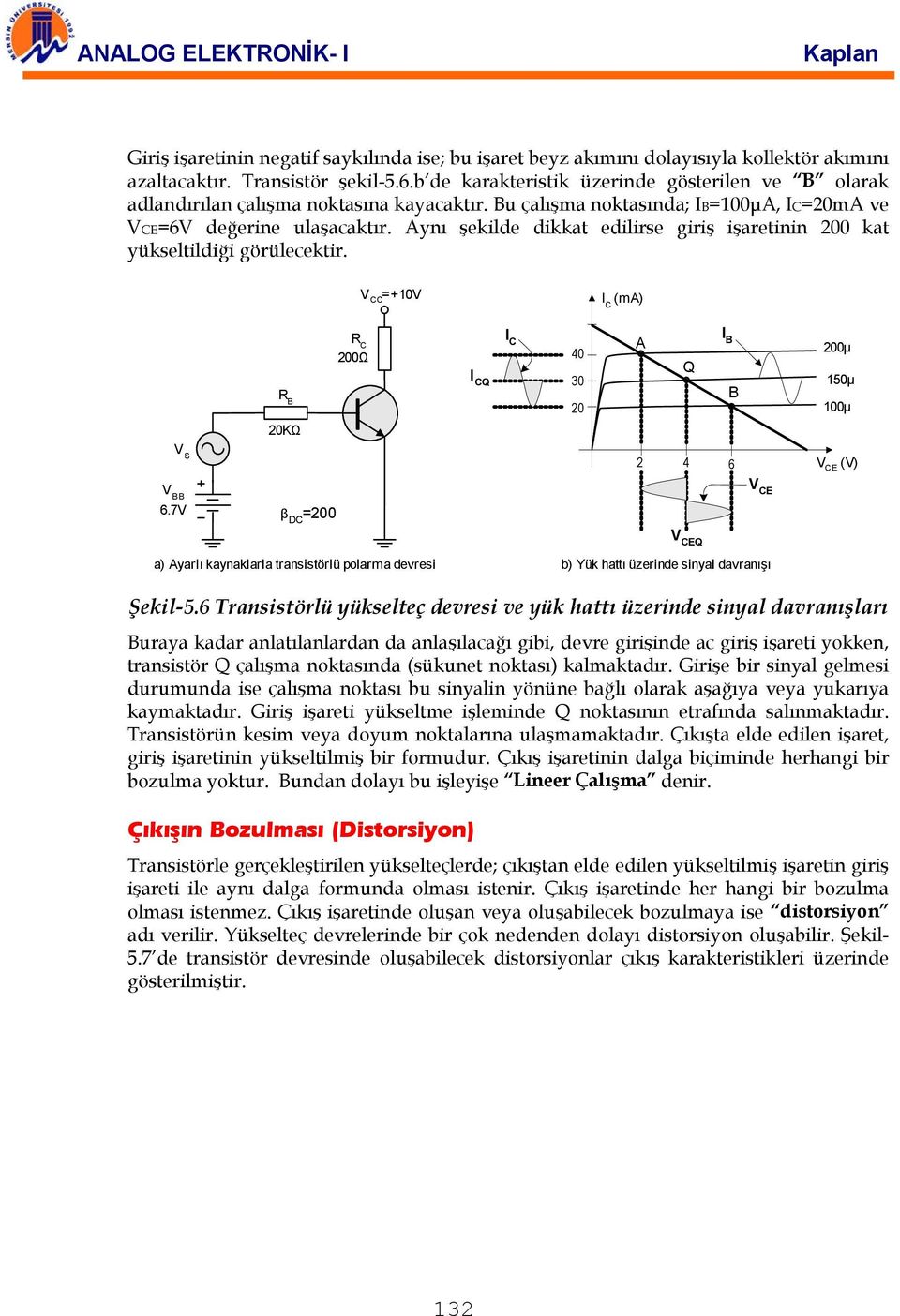 Aynı şekilde dikkat edilirse giriş işaretinin 200 kat yükseltildiği görülecektir. +10 (ma) R 20KΩ R 200Ω Q 40 30 20 A Q 200µ 150µ 100µ S 2 4 6 () 6.