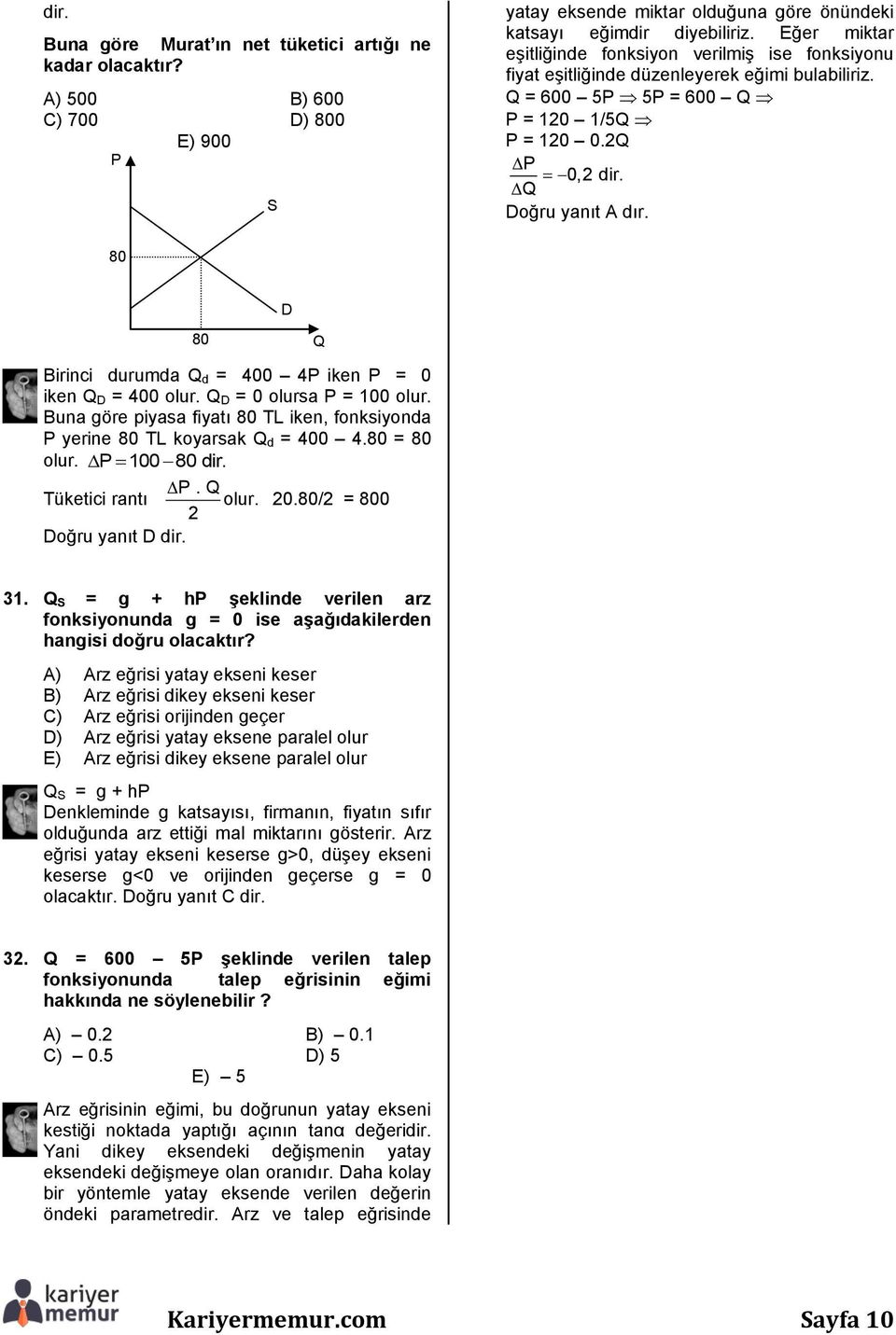80 D 80 Q Birinci durumda Q d = 400 4P iken P = 0 iken Q D = 400 olur. Q D = 0 olursa P = 100 olur. Buna göre piyasa fiyatı 80 TL iken, fonksiyonda P yerine 80 TL koyarsak Q d = 400 4.80 = 80 olur.