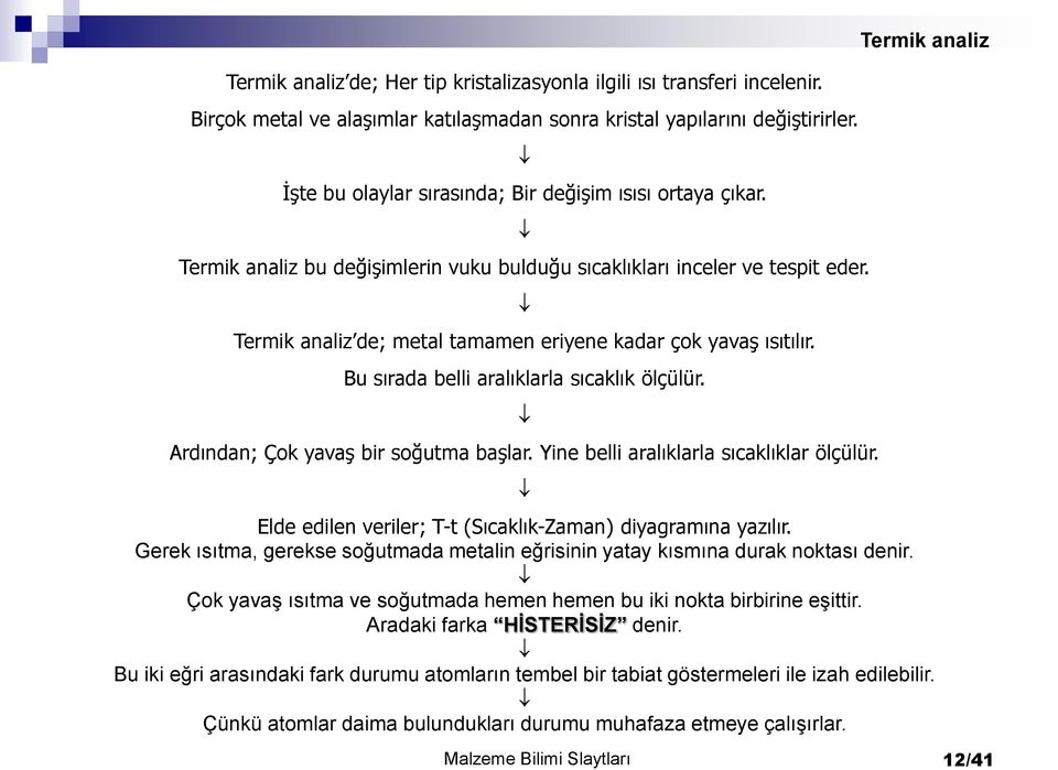 Termik analiz de; metal tamamen eriyene kadar çok yavaş ısıtılır. Bu sırada belli aralıklarla sıcaklık ölçülür. Ardından; Çok yavaş bir soğutma başlar. Yine belli aralıklarla sıcaklıklar ölçülür.