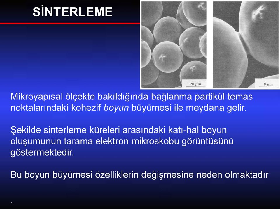 Şekilde sinterleme küreleri arasındaki katı-hal boyun oluşumunun tarama