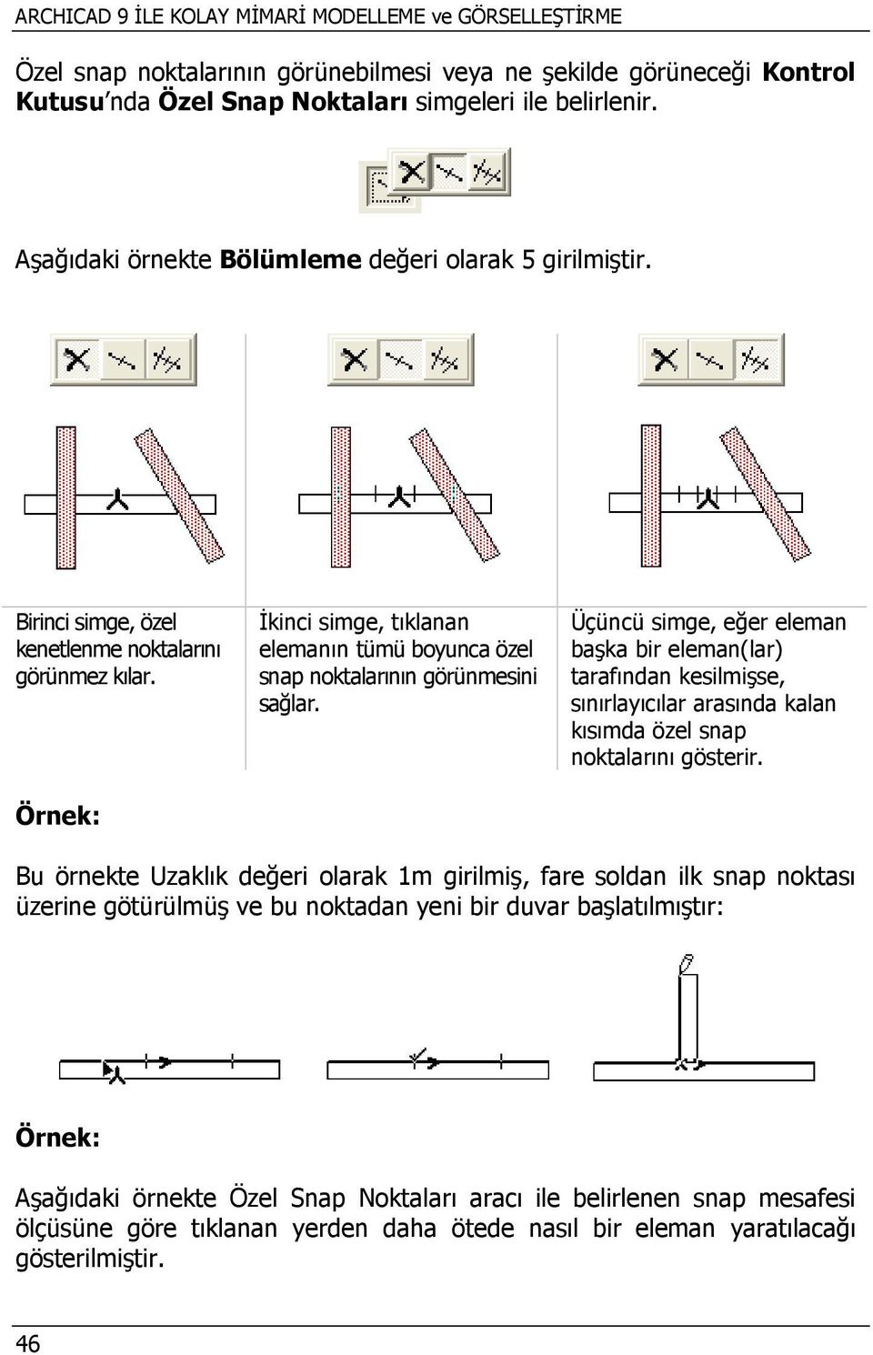 Örnek: İkinci simge, tıklanan elemanın tümü boyunca özel snap noktalarının görünmesini sağlar.