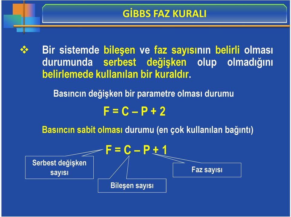 Basıncın değişken bir parametre olması durumu F = C P + 2 Basıncın sabit olması