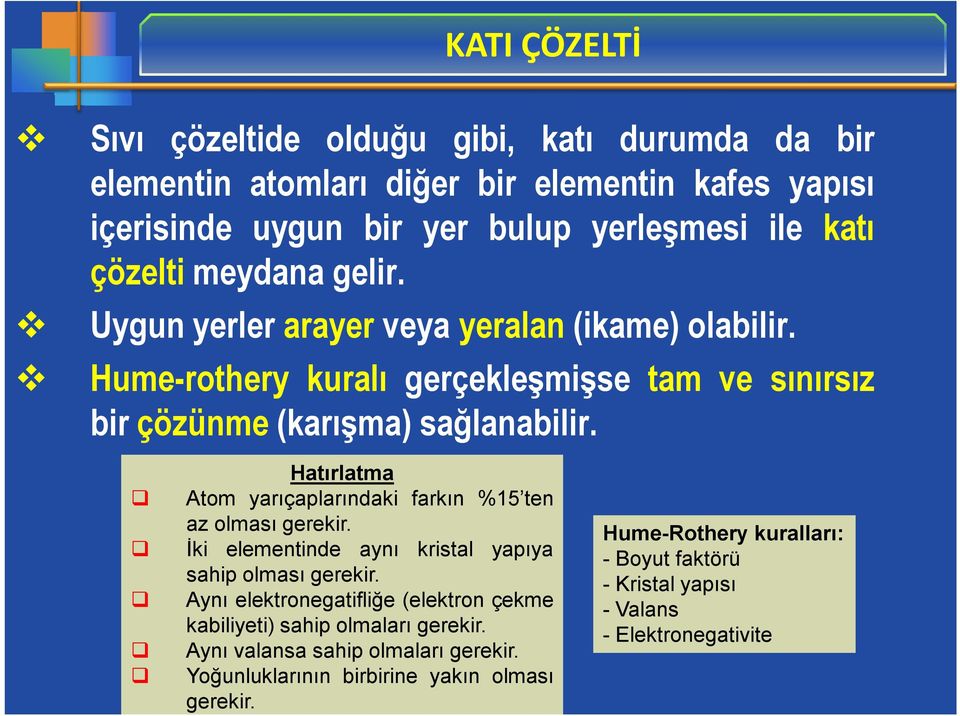 Hatırlatma Atom yarıçaplarındaki farkın %15 ten az olması gerekir. İki elementinde aynı kristal yapıya sahip olması gerekir.