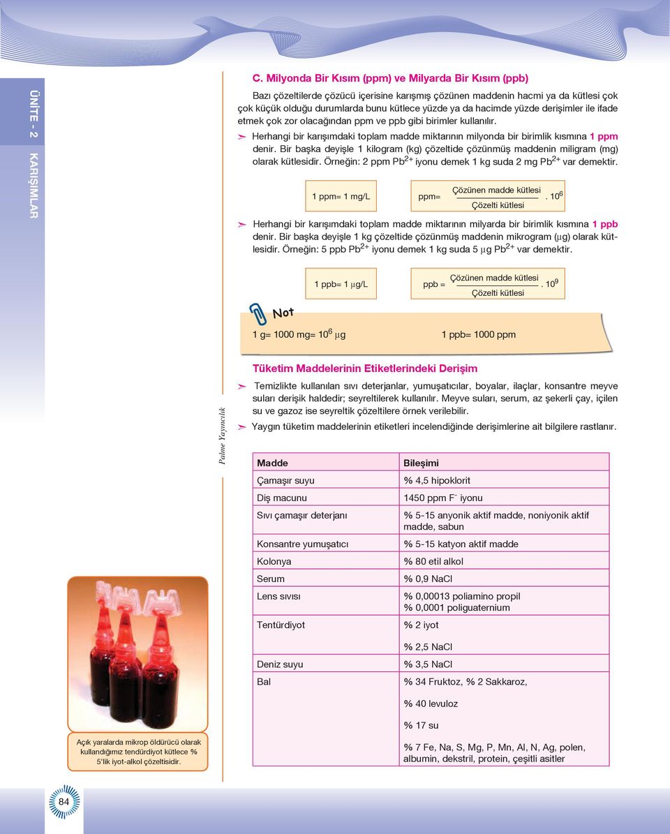 Bir başka deyişle 1 kilogram (kg) çözeltide çözünmüş maddenin miligram (mg) olarak kütlesidir. Örneğin: 2 ppm Pb 2+ iyonu demek 1 kg suda 2 mg Pb 2+ var demektir.