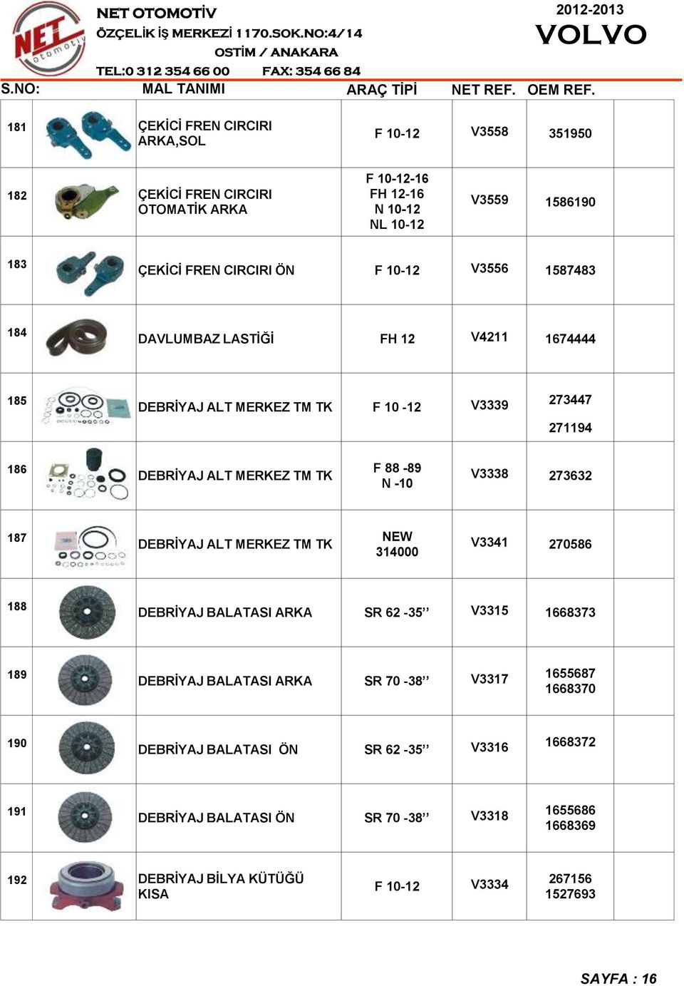V3338 273632 187 DEBRİYAJ ALT MERKEZ TM TK 314000 V3341 270586 188 DEBRİYAJ BALATASI ARKA SR 62-35 V3315 1668373 189 DEBRİYAJ BALATASI ARKA SR 70-38 V3317 1655687