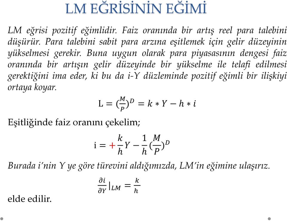 Buna uygun olarak para piyasasının dengesi faiz oranında bir artışın gelir düzeyinde bir yükselme ile telafi edilmesi gerektiğini ima eder,