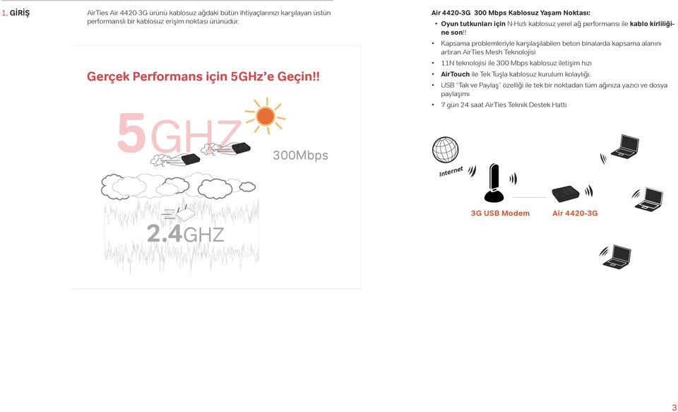 ! Kapsama problemleriyle karşılaşılabilen beton binalarda kapsama alanını artıran AirTies Mesh Teknolojisi 11N teknolojisi ile 300 Mbps kablosuz iletişim hızı AirTouch ile Tek