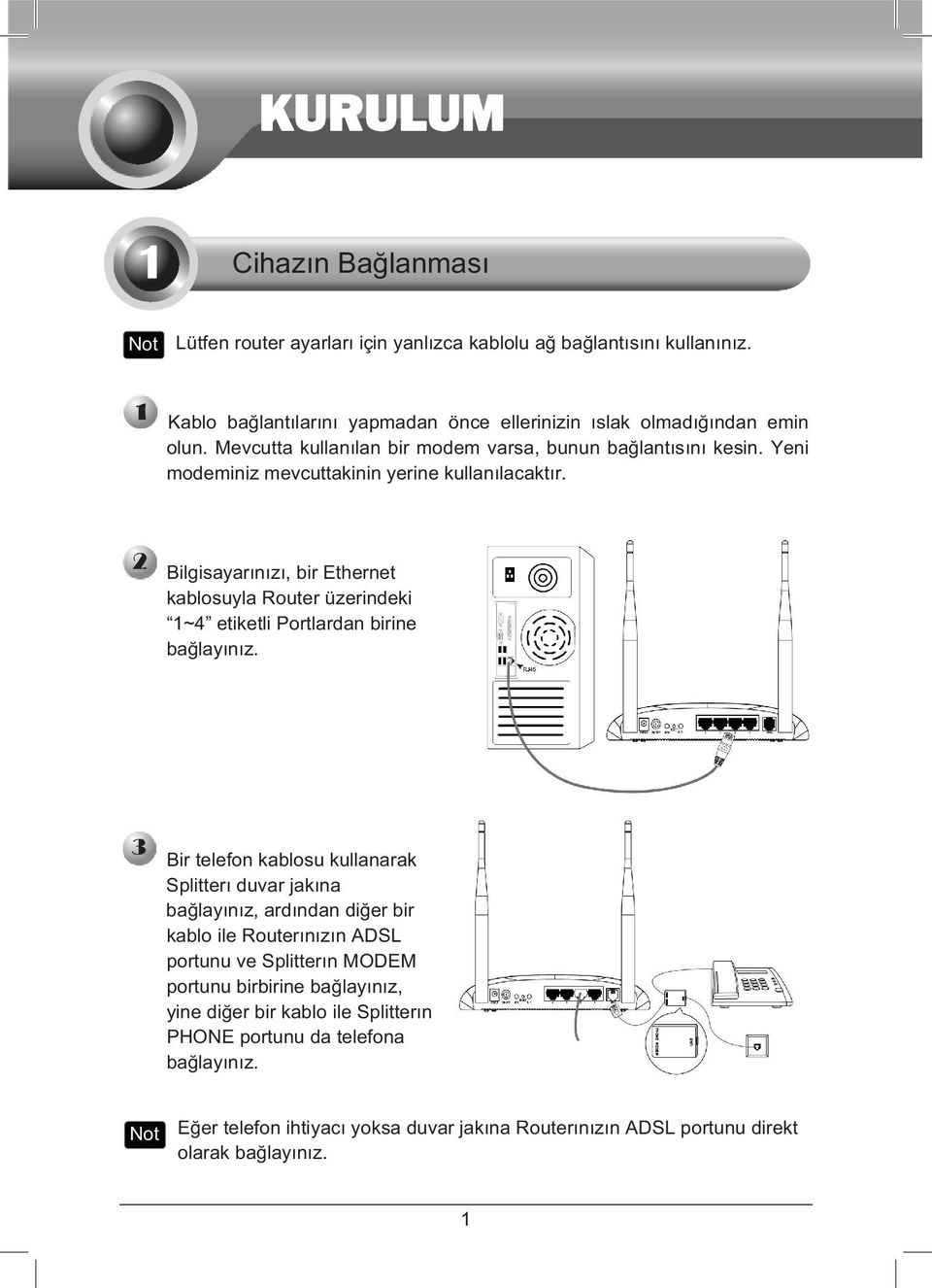 Bilgisayarnz, bir Ethernet kablosuyla Router üzerindeki 1~4 etiketli Portlardan birine balaynz.