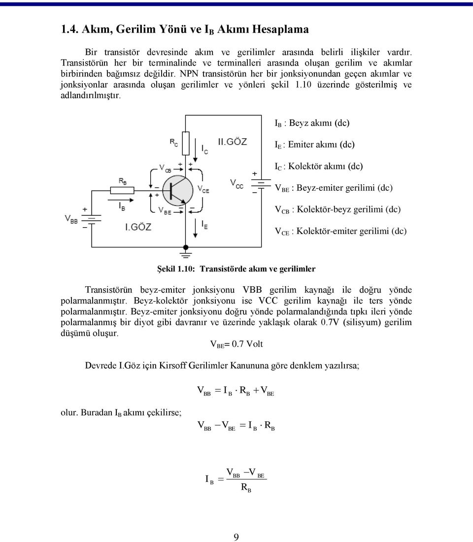 NPN transistörün her bir jonksiyonundan geçen akımlar ve jonksiyonlar arasında oluşan gerilimler ve yönleri şekil 1.10 üzerinde gösterilmiş ve adlandırılmıştır.