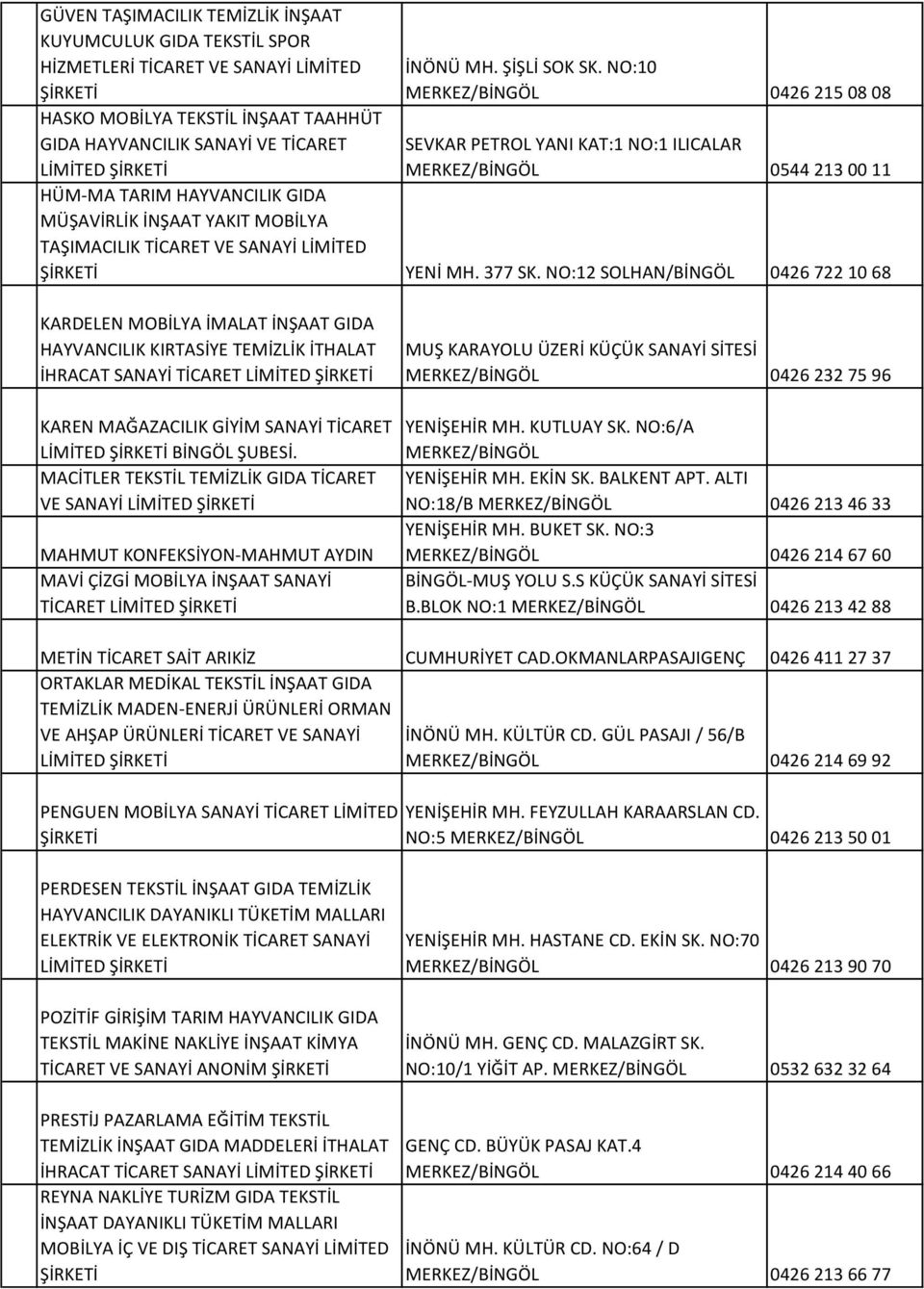 NO:10 MERKEZ/BİNGÖL 0426 215 08 08 SEVKAR PETROL YANI KAT:1 NO:1 ILICALAR MERKEZ/BİNGÖL 0544 213 00 11 HÜM-MA TARIM HAYVANCILIK GIDA MÜŞAVİRLİK İNŞAAT YAKIT MOBİLYA TAŞIMACILIK TİCARET VE SANAYİ