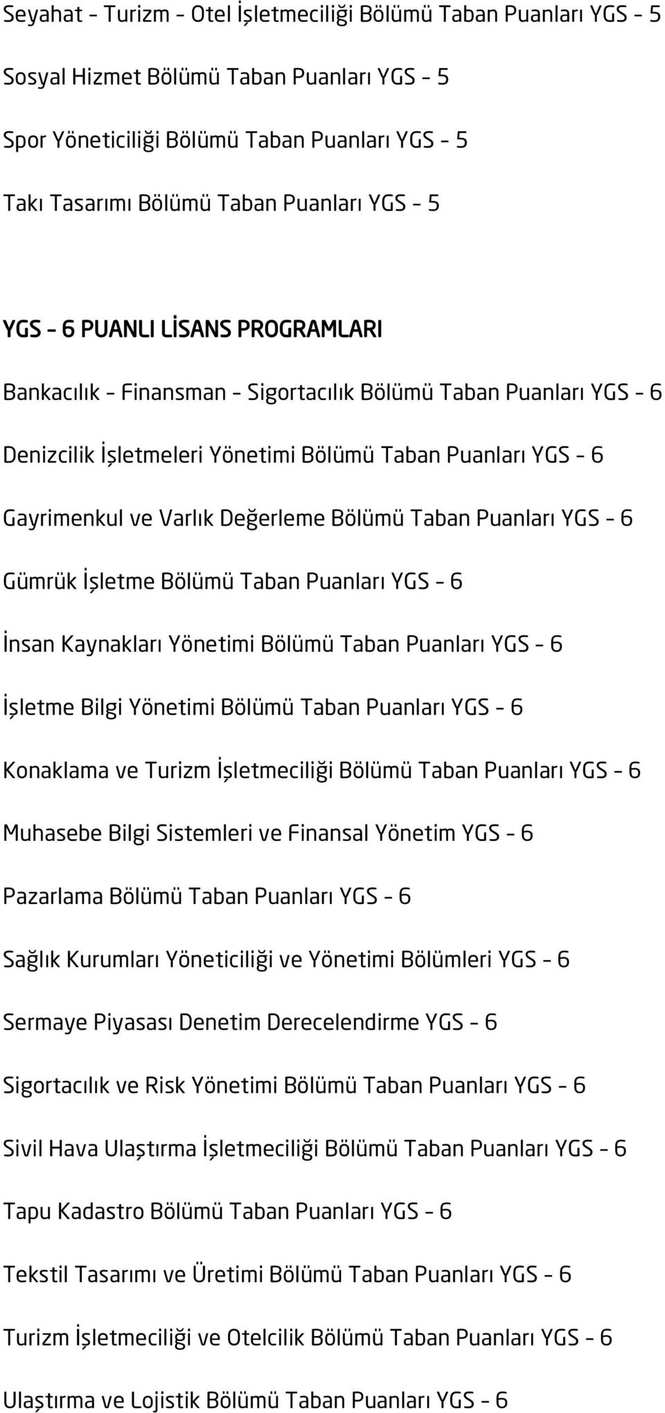 Puanları YGS 6 Gümrük İşletme Bölümü Taban Puanları YGS 6 İnsan Kaynakları Yönetimi Bölümü Taban Puanları YGS 6 İşletme Bilgi Yönetimi Bölümü Taban Puanları YGS 6 Konaklama ve Turizm İşletmeciliği