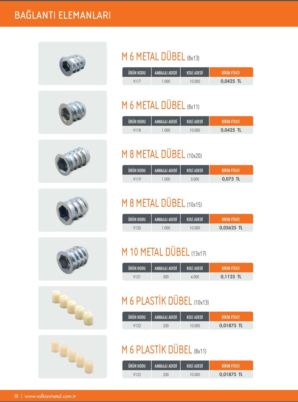 000 0,075 TL M 8 METAL DÜBEL (10x15) V120 10.000 0,05625 TL M 10 METAL DÜBEL (13x17) V121 4.