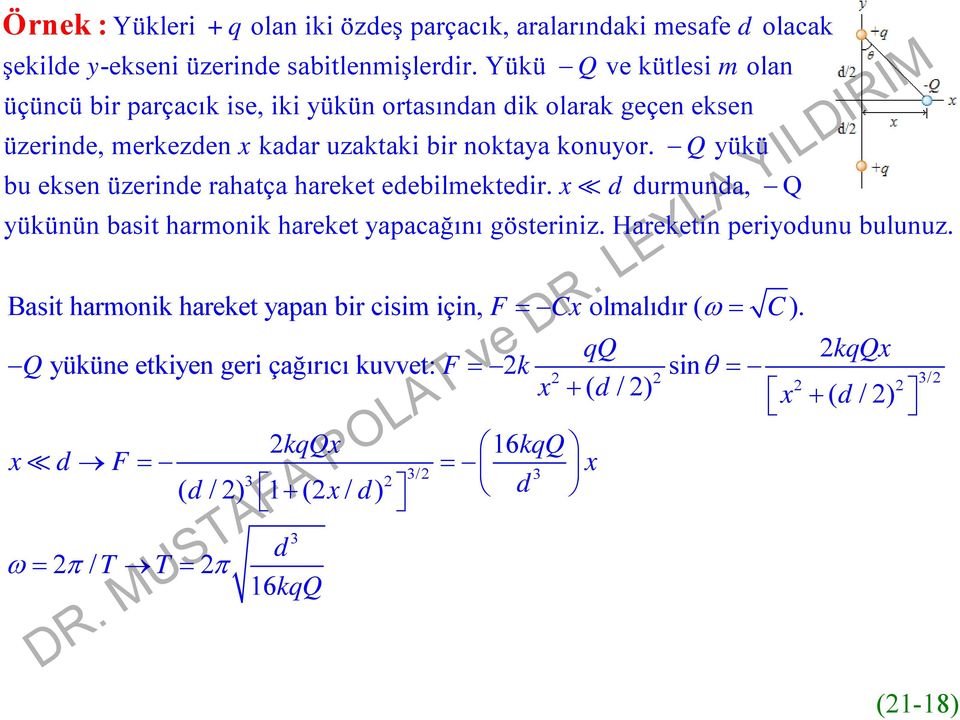 Q yükü bu eksen üzerinde rahatça hareket edebilmektedir. x d durmunda, Q yükünün basit harmonik hareket yapacağını gösteriniz. Hareketin periyodunu bulunuz.