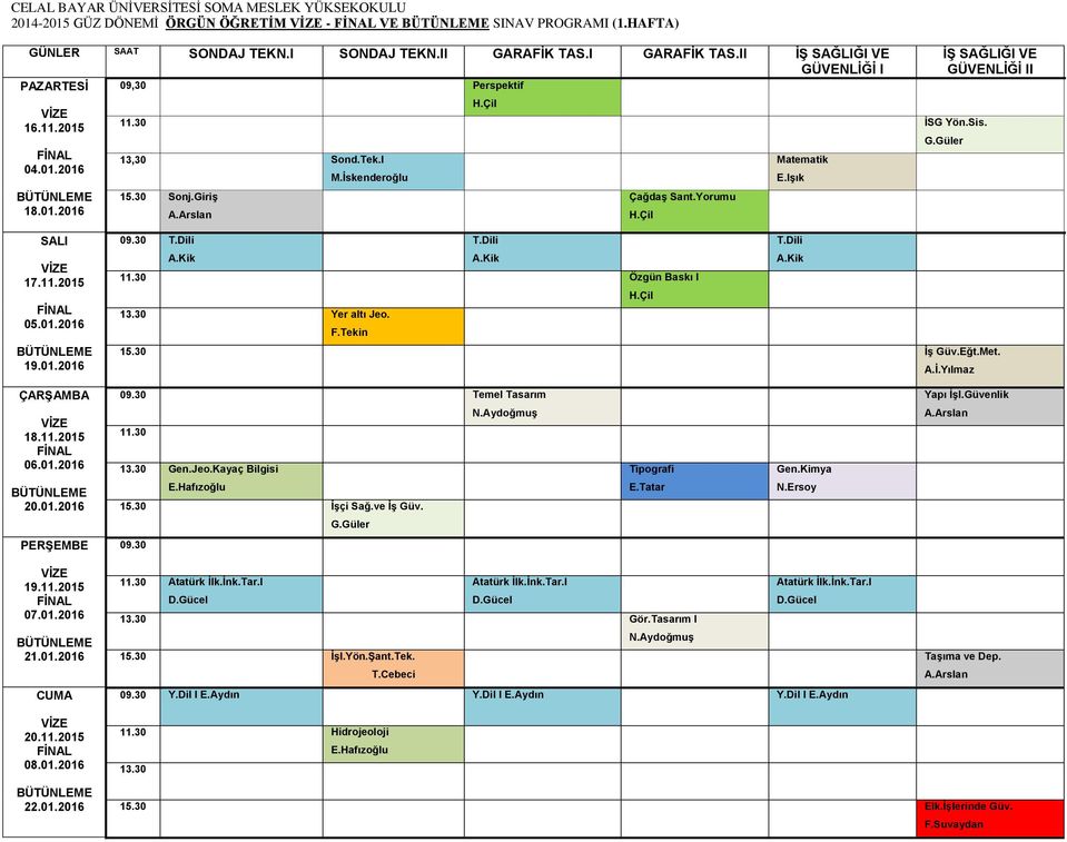 Eğt.Met. A.İ.Yılmaz 09.30 Temel Tasarım Yapı İşl.Güvenlik 18.11.2015 06.01.2016 11.30 Gen.Jeo.Kayaç Bilgisi N.Aydoğmuş Tipografi Gen.Kimya 20.01.2016 15.30 İşçi Sağ.ve İş Güv. 09.30 19.11.2015 07.01.2016 21.