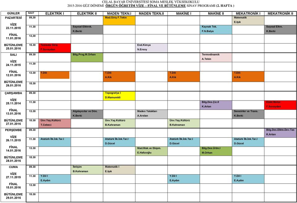 30 25.11.2014 13.01.2016 27.01.2016 26.11.2015 14.01.2016 28.01.2016 09.30 Topografya I 11.30 Bilg.Des.Çiz.II Elekt.Motor. Algılayıcılar ve Dön. Maden Yatakları Sensörler ve Trans. 15.30 Ünv.Yaş.