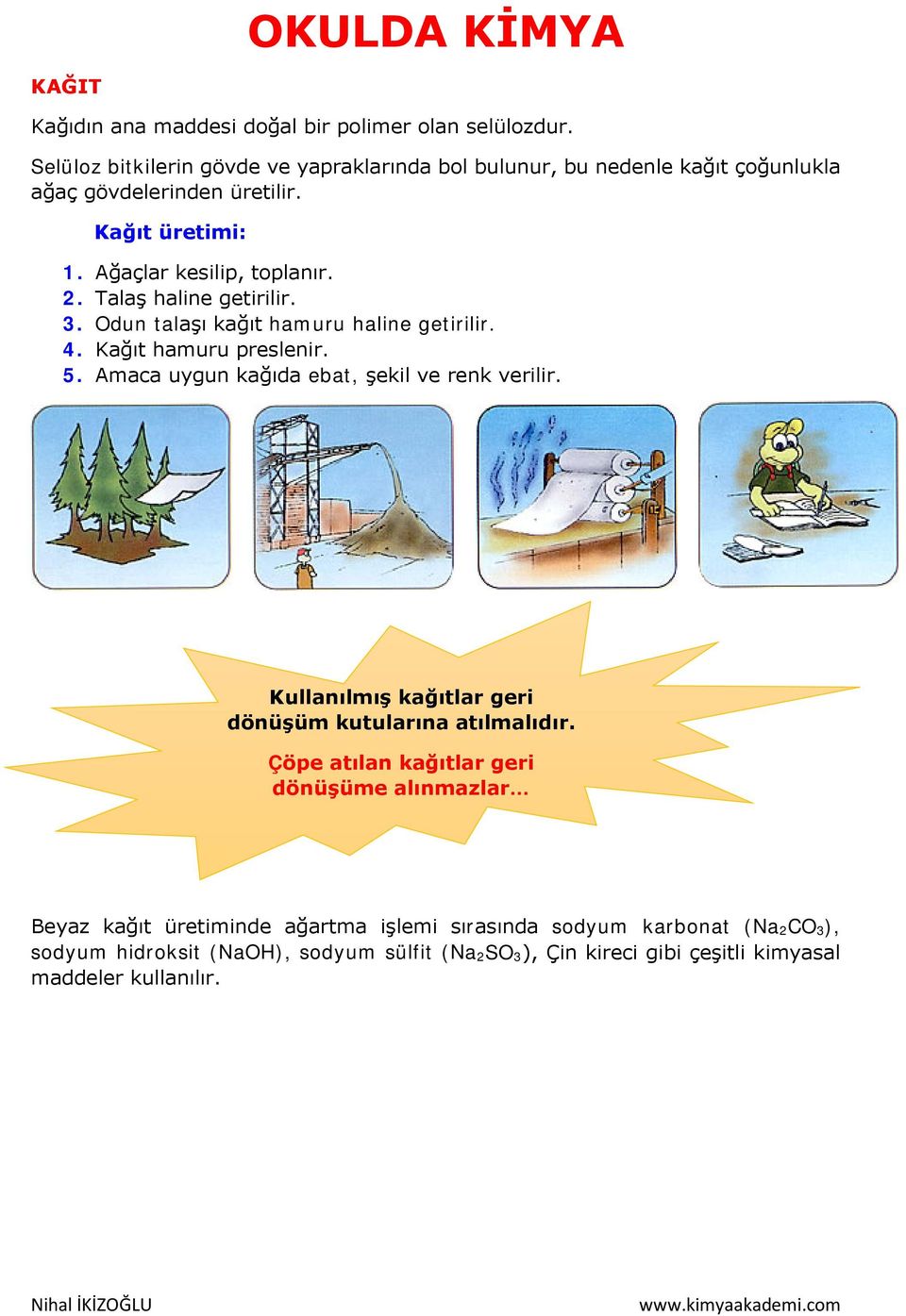 Talaş haline getirilir. 3. Odun talaşı kağıt hamuru haline getirilir. 4. Kağıt hamuru preslenir. 5. Amaca uygun kağıda ebat, şekil ve renk verilir.