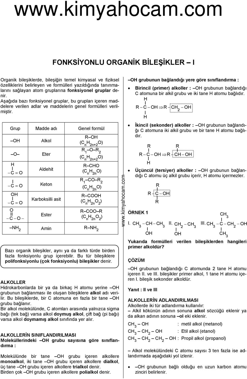 Grup Madde adı Genel formül C = Eter Aldehit C = Keton C = C Karboksilli asit Ester n+ ) 1 n+ ) n ) 1 C n ) C n ) C n ) N Amin N Bazı organik bileşikler, aynı ya da farklı türde birden fazla