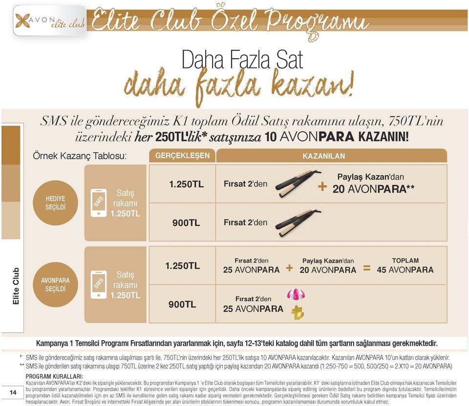 250TL 900TL Fırsat 2'den Fırsat 2'den + Paylaş Kazan'dan 20 AVONPARA** Elite Club AVONPARA SEÇİLDİ SMS Satış rakamı 1.250TL 1.