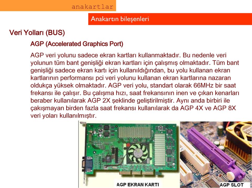 Tüm bant genişliği sadece ekran kartı için kullanıldığından, bu yolu kullanan ekran kartlarının performansı pci veri yolunu kullanan ekran kartlarına nazaran oldukça yüksek