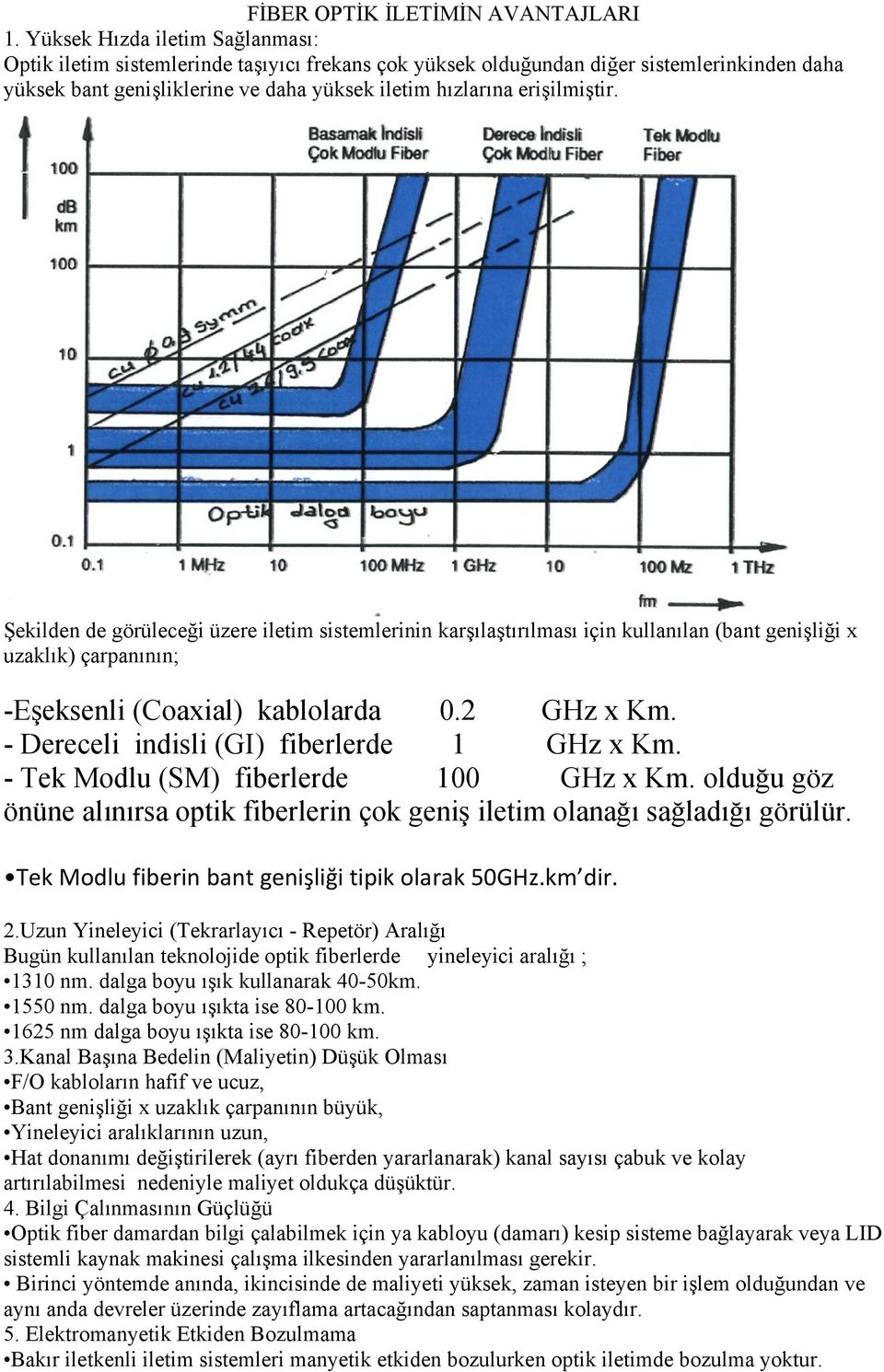Şekilden de görüleceği üzere iletim sistemlerinin karşılaştırılması için kullanılan (bant genişliği x uzaklık) çarpanının; -Eşeksenli (Coaxial) kablolarda 0.2 GHz x Km.