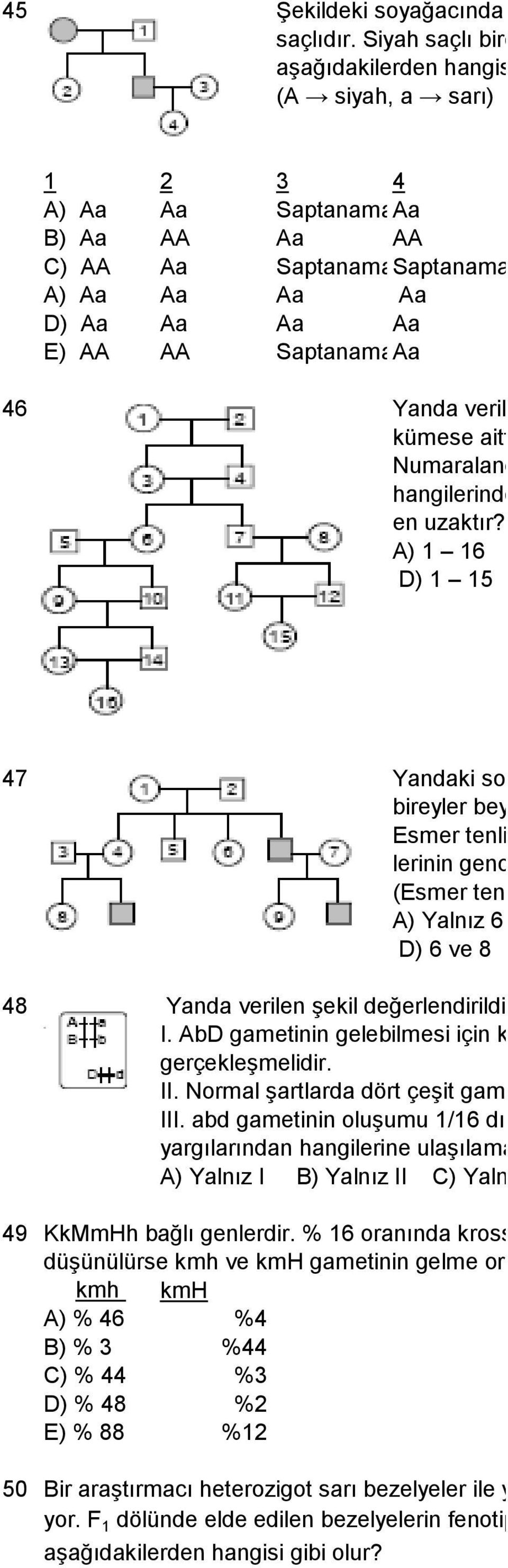 Numaralandırılmış bireylerden hangilerinde akrabalık derecesi en uzaktır? A) 1 16 B) 1 4 C) 5 6 D) 1 15 E) 7 16 47 Yandaki soy ağacında taralı bireyler beyaz tenlidir.