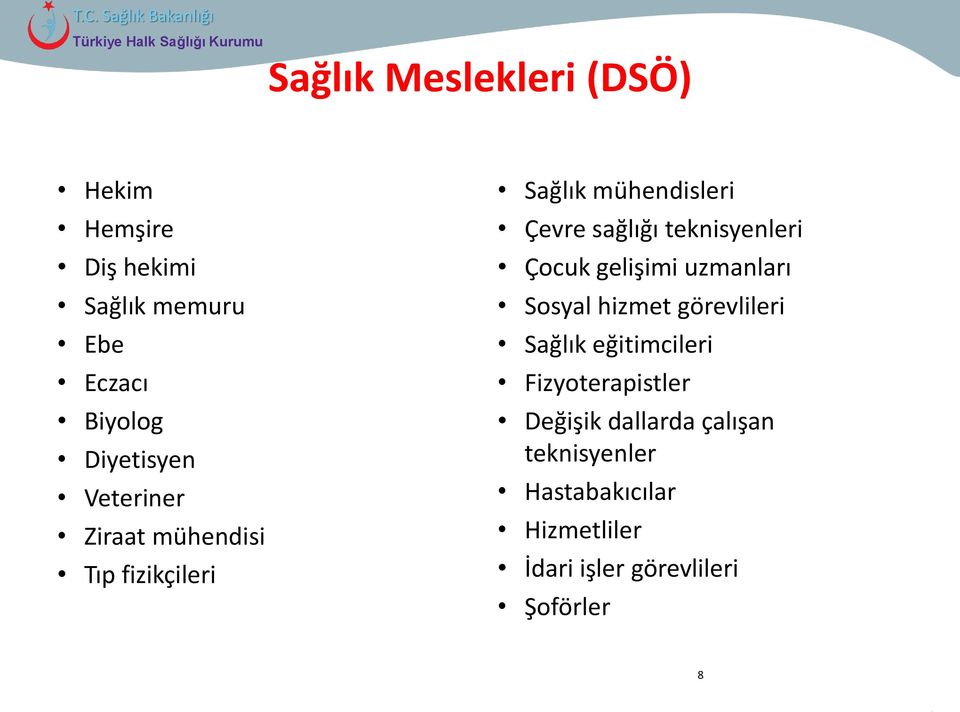 Çocuk gelişimi uzmanları Sosyal hizmet görevlileri Sağlık eğitimcileri Fizyoterapistler