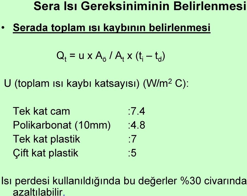 katsayısı) (W/m 2 C): Tek kat cam :7.4 Polikarbonat (10mm) :4.