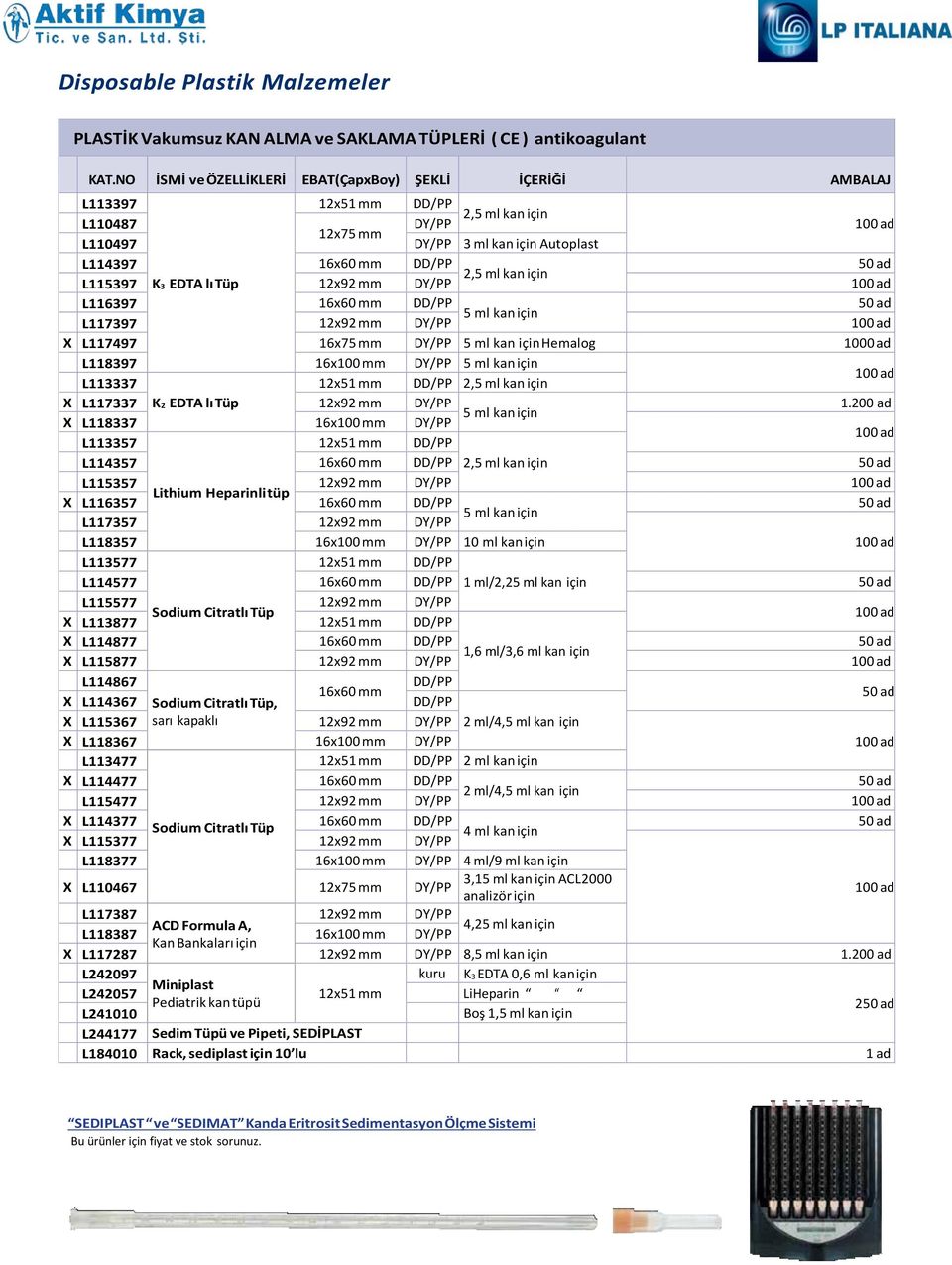 L115397 K3 EDTA lı Tüp 12x92 mm DY/PP L116397 16x60 mm DD/PP 5 ml kan için L117397 12x92 mm DY/PP X L117497 16x75 mm DY/PP 5 ml kan için Hemalog 1000 ad L118397 16x100 mm DY/PP 5 ml kan için L113337