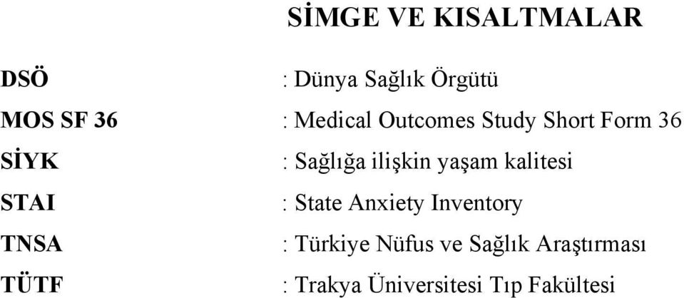 yaşam kalitesi STAI : State Anxiety Inventory TNSA : Türkiye