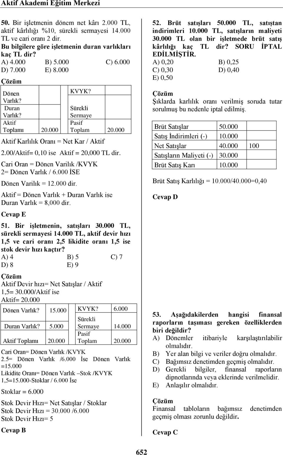 00/Aktif= 0,10 ise Aktif = 20,000 TL dir. Cari Oran = Dönen Varilık /KVYK 2= Dönen Varlık / 6.000 İSE Dönen Varilık = 12.000 dir. Aktif = Dönen Varlık + Duran Varlık ise Duran Varlık = 8,000 dir. 51.