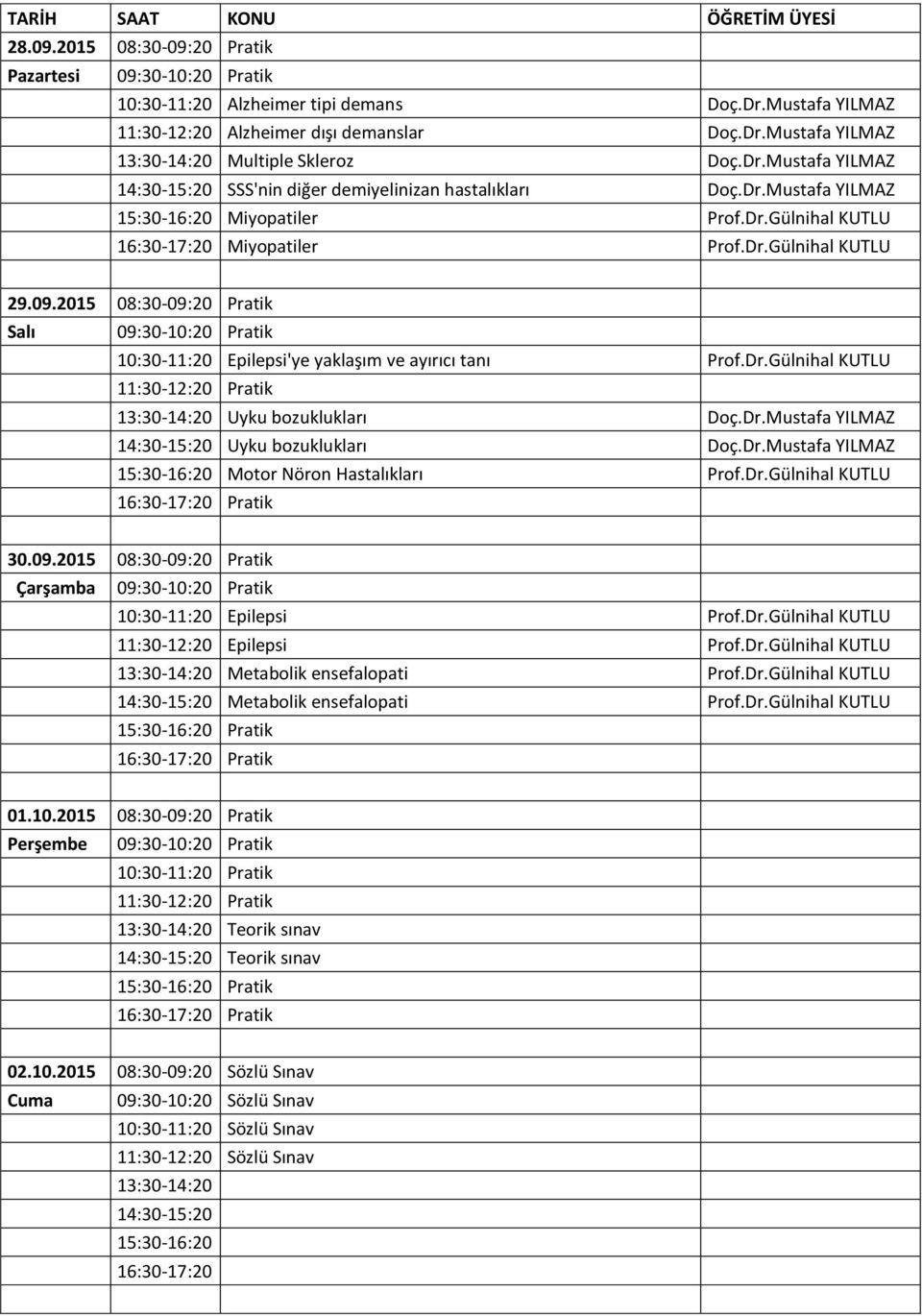 2015 08:30-09:20 Pratik Salı 09:30-10:20 Pratik 10:30-11:20 Epilepsi'ye yaklaşım ve ayırıcı tanı Prof.Dr.Gülnihal KUTLU 11:30-12:20 Pratik 13:30-14:20 Uyku bozuklukları Doç.Dr.Mustafa YILMAZ 14:30-15:20 Uyku bozuklukları Doç.