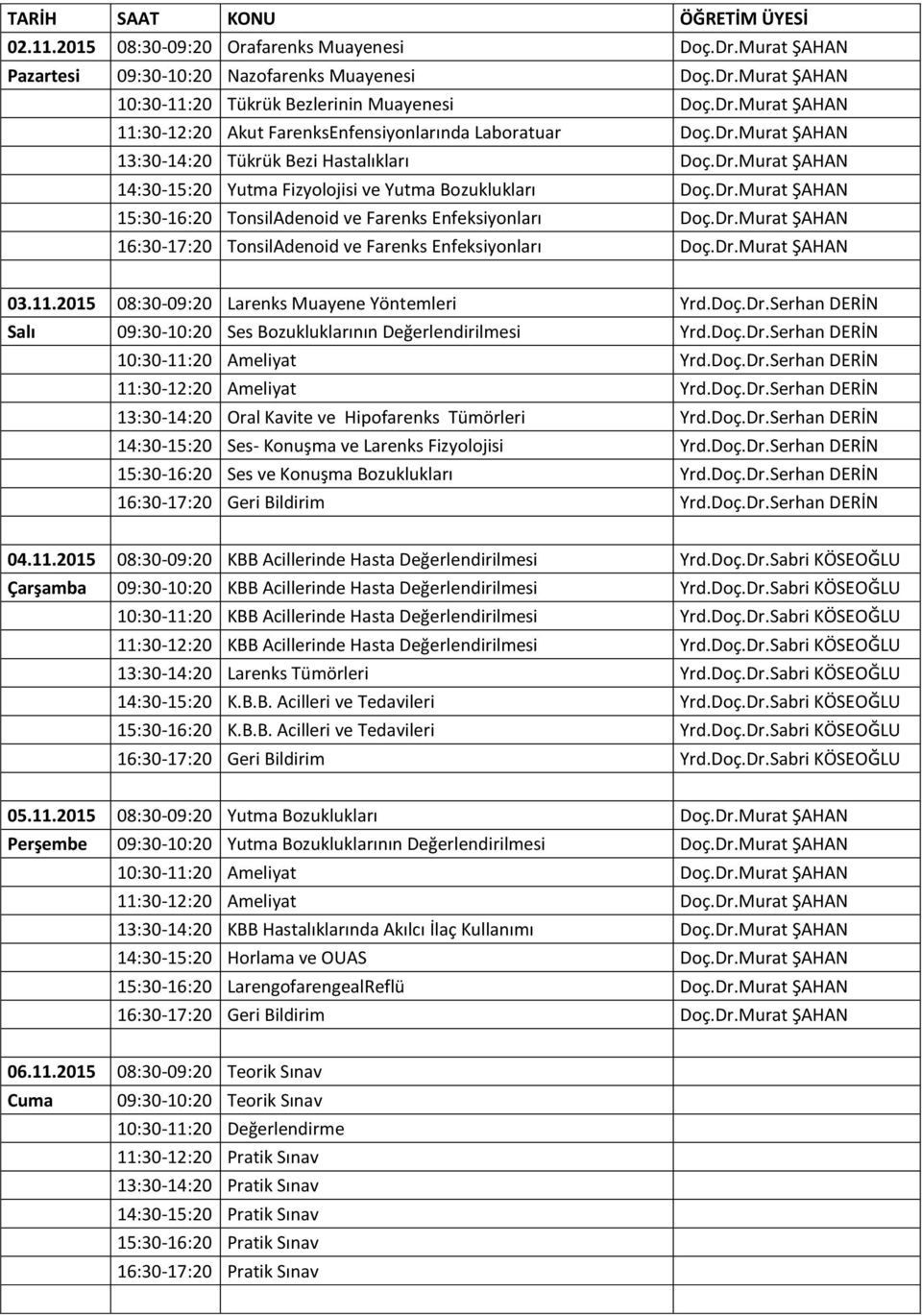 Dr.Murat ŞAHAN 16:30-17:20 TonsilAdenoid ve Farenks Enfeksiyonları Doç.Dr.Murat ŞAHAN 03.11.2015 08:30-09:20 Larenks Muayene Yöntemleri Yrd.Doç.Dr.Serhan DERİN Salı 09:30-10:20 Ses Bozukluklarının Değerlendirilmesi Yrd.