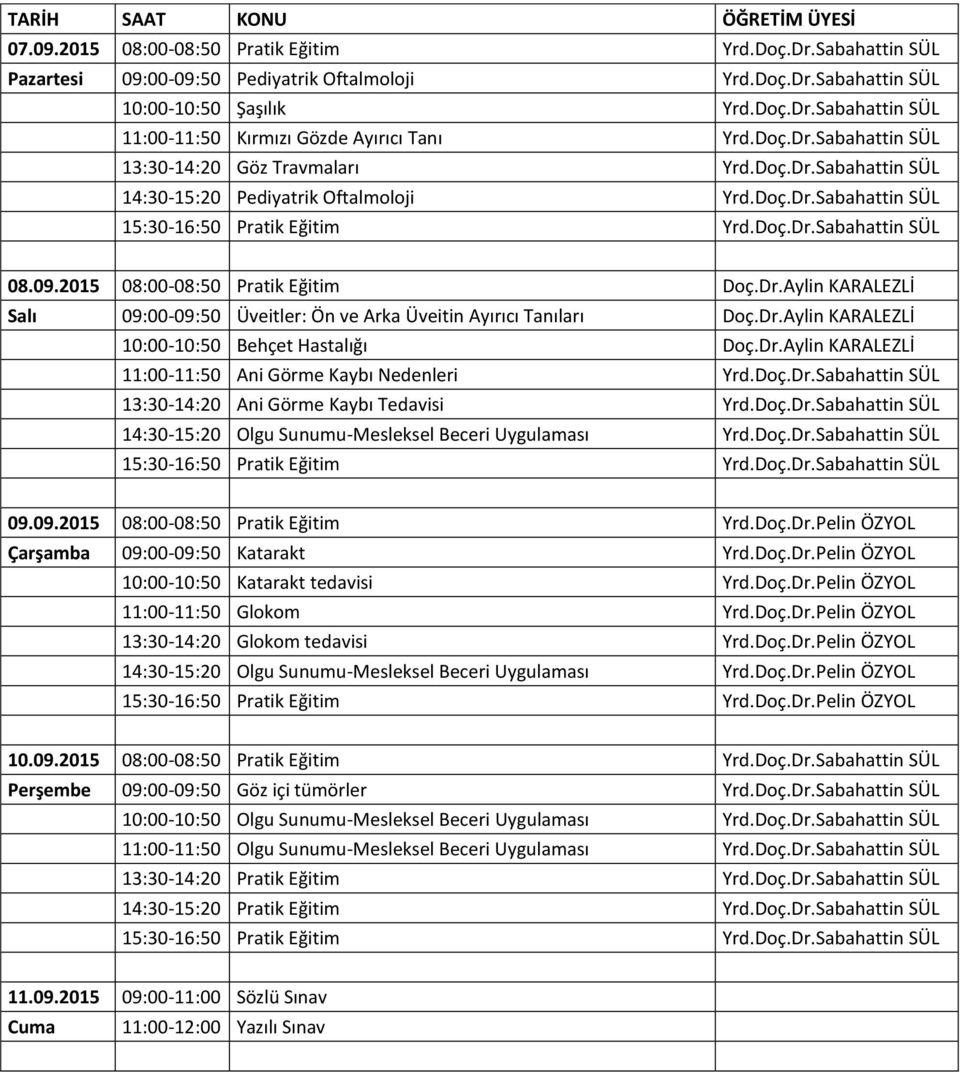 2015 08:00-08:50 Pratik Eğitim Doç.Dr.Aylin KARALEZLİ Salı 09:00-09:50 Üveitler: Ön ve Arka Üveitin Ayırıcı Tanıları Doç.Dr.Aylin KARALEZLİ 10:00-10:50 Behçet Hastalığı Doç.Dr.Aylin KARALEZLİ 11:00-11:50 Ani Görme Kaybı Nedenleri Yrd.