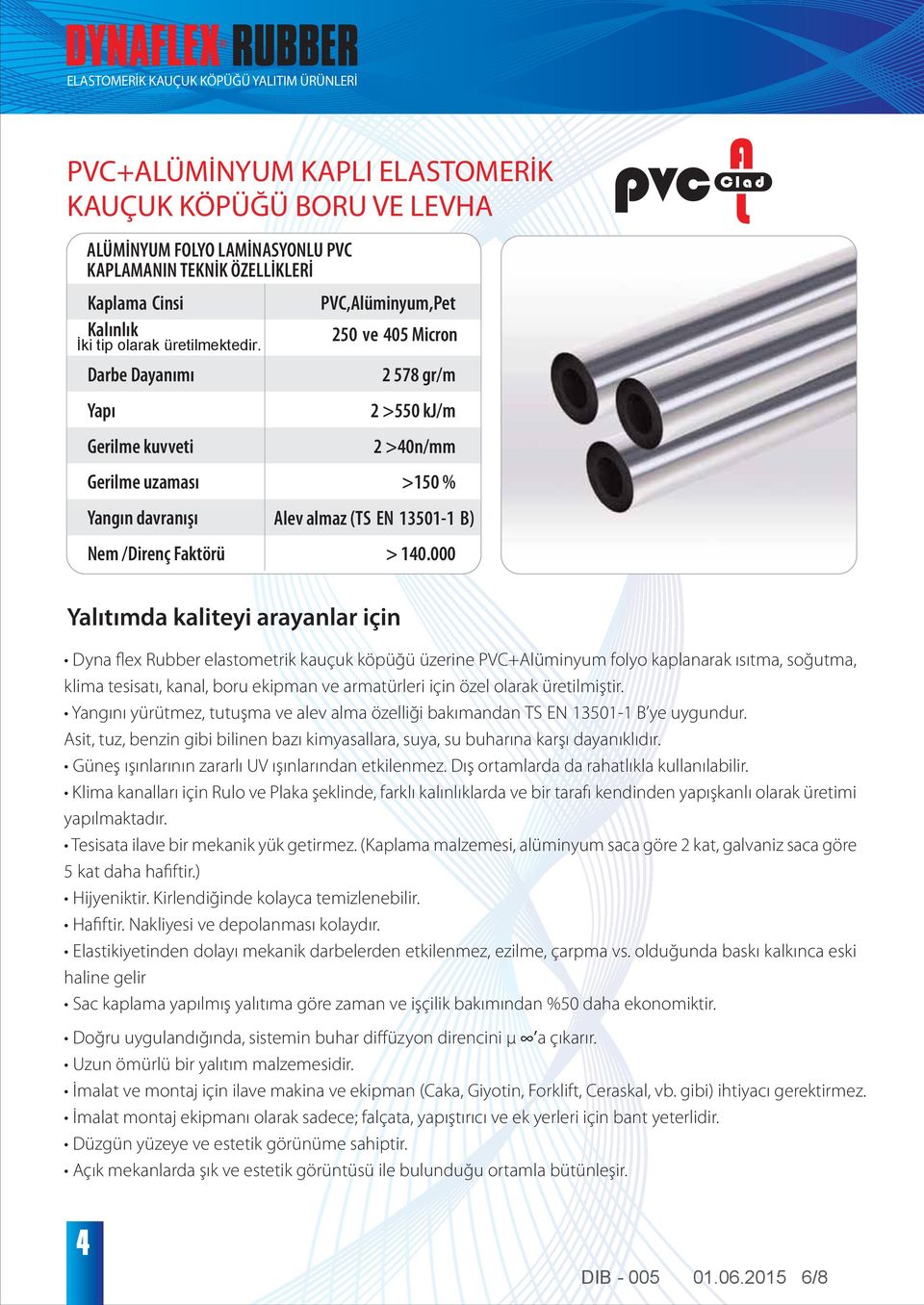 000 Yalıtımda kaliteyi arayanlar için Dyna flex Rubber elastometrik kauçuk köpüğü üzerine PVC+Alüminyum folyo kaplanarak ısıtma, soğutma, klima tesisatı, kanal, boru ekipman ve armatürleri için özel