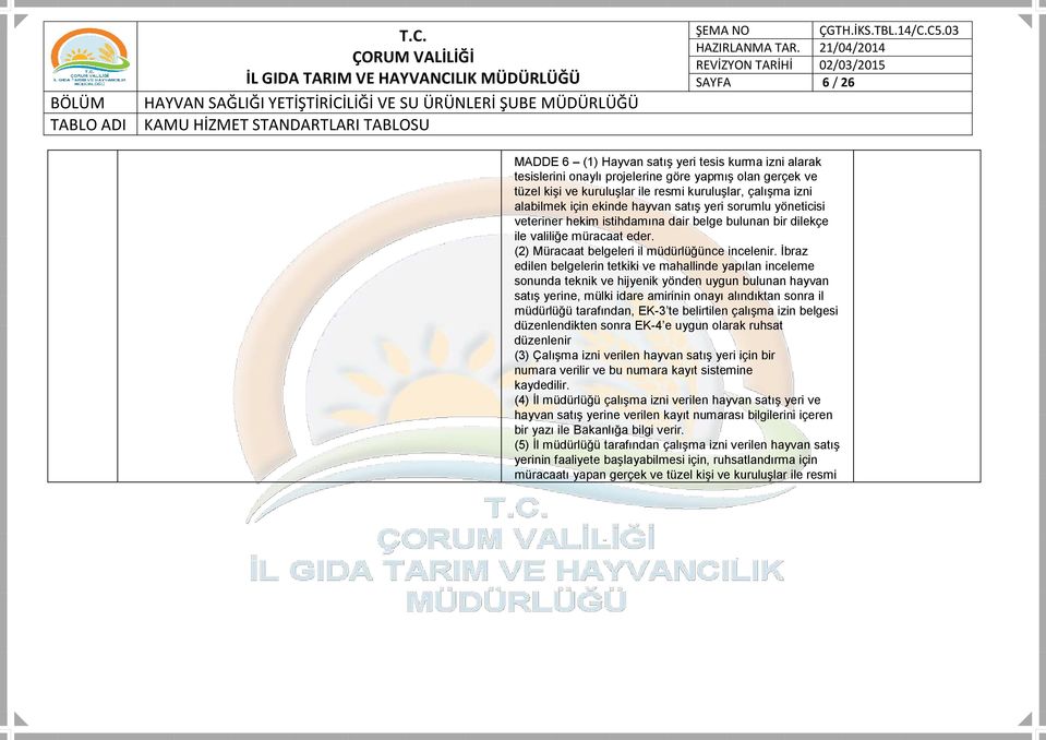 İbraz edilen belgelerin tetkiki ve mahallinde yapılan inceleme sonunda teknik ve hijyenik yönden uygun bulunan hayvan satış yerine, mülki idare amirinin onayı alındıktan sonra il müdürlüğü